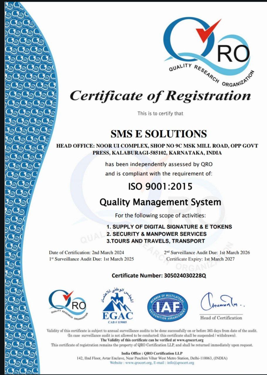 ISO 9001:2015 certificate of registration issued to SMS E Solutions