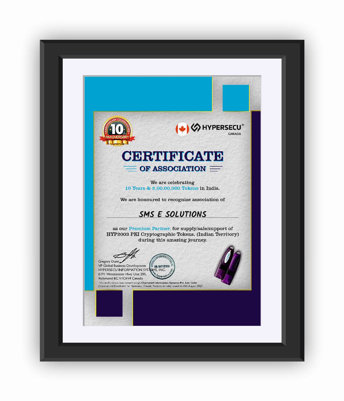 Hypersecu Canada certificate of association naming SMS E Solutions a premium partner